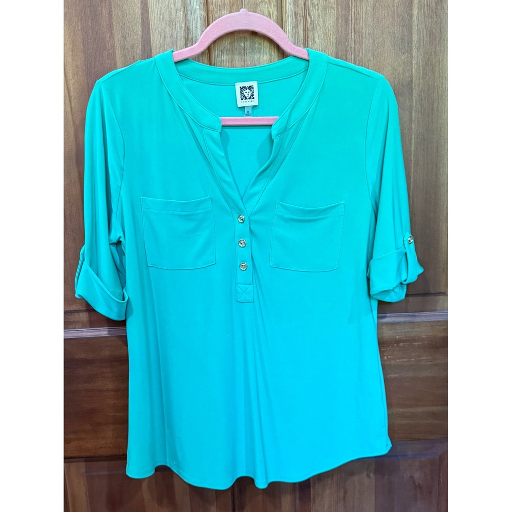 Anne Klein Green Roll Tab Sleeve Button Front Split Neck Blouse Top Medium EUC
